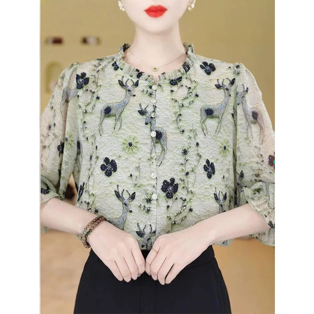 春夏新款高贵优雅碎花七分袖洋气显瘦上衣