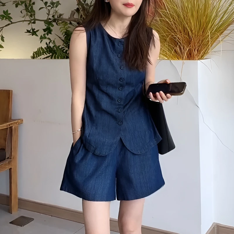 高级炸街减龄显瘦洋气休闲套装无袖马甲短裤搭配一整套女夏