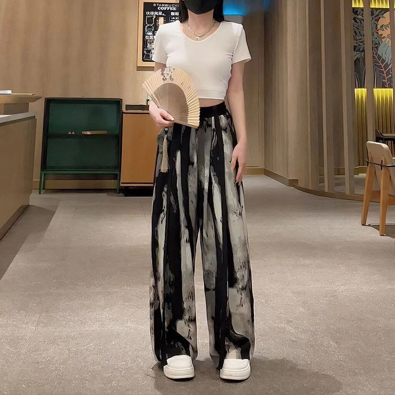 冰丝阔腿裤女夏薄款2024新款新中式水墨裤国风仙女凉凉雪纺防晒裤