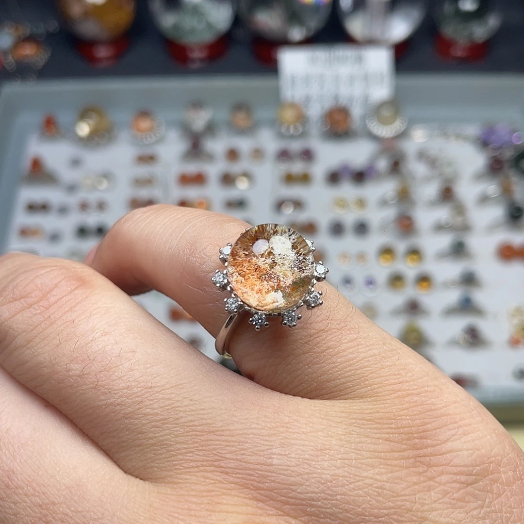 水晶戒指银S925镶嵌12mm彩幽灵