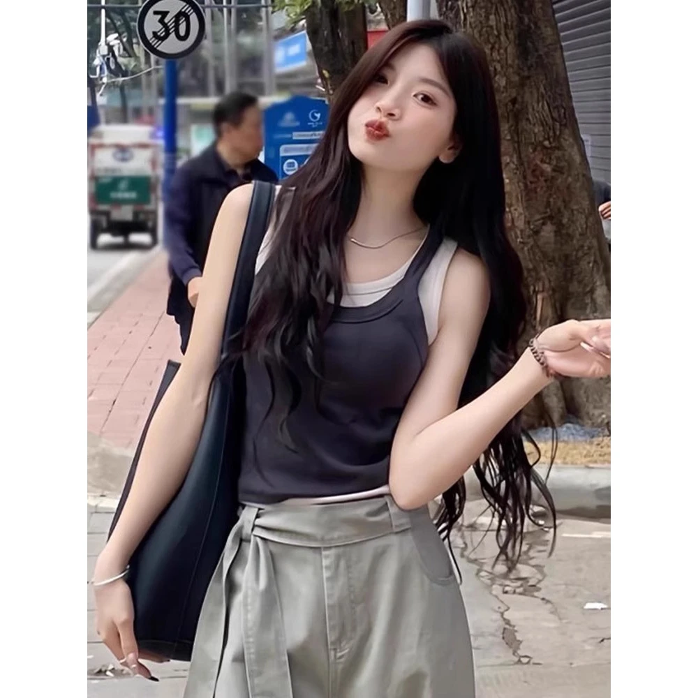 美式复古假两件背心女夏季慵懒风可外穿吊带设计感绝美漂亮小上衣