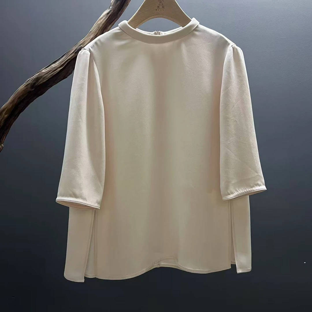 【墨枝】重磅24姆米真丝莫兰迪色系圆领七分袖T恤S900A518