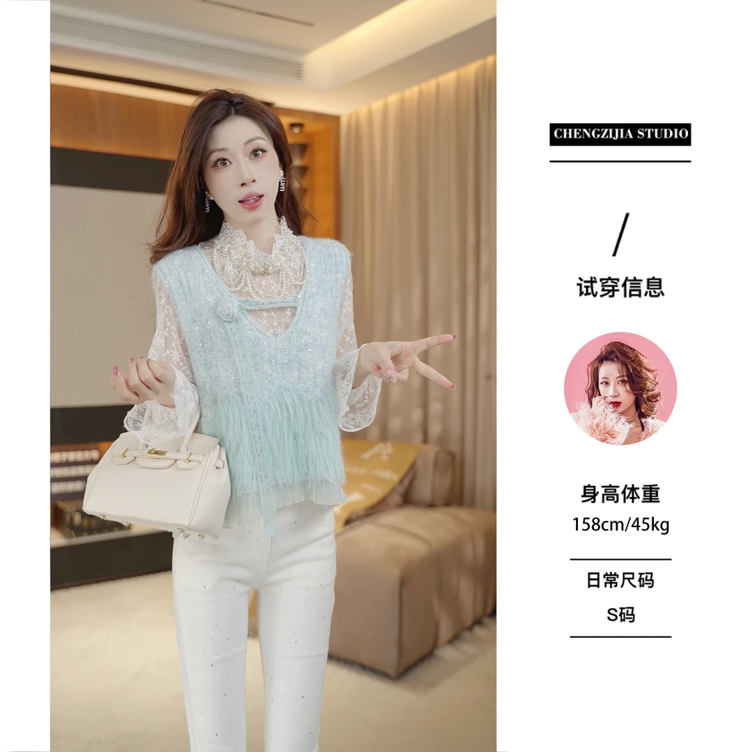 【裴诗婷】MJ00022花朵蕾丝绑带流苏马甲