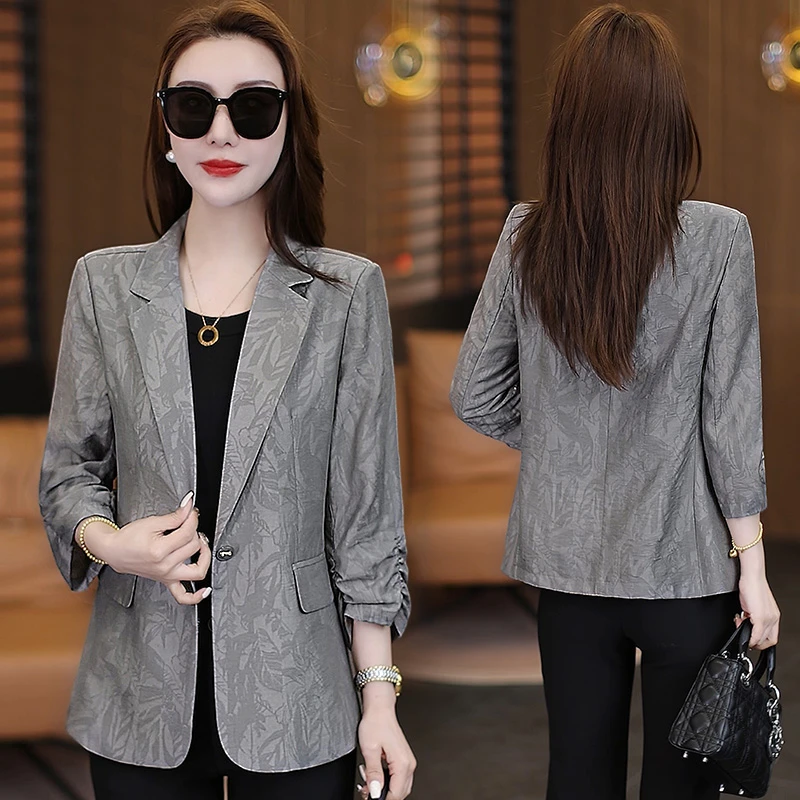 宽松型气质时尚灰色小西服女2025秋季新款职业常规七分袖西装外套