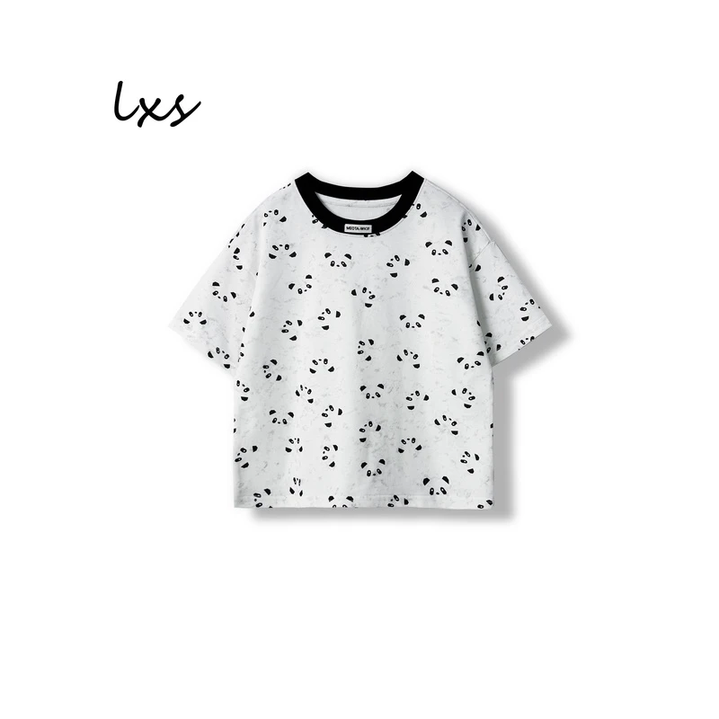 舅舅严选童装儿童夏季款韩版百搭宽松潮流满印熊猫圆领短袖C88133