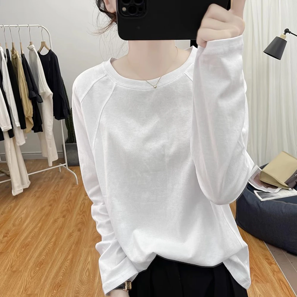 早秋2025新款圆领长袖T恤女宽松基础款打底衫拼缝体恤纯棉上衣ins