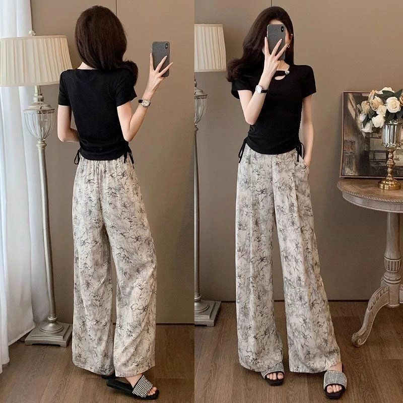 新中式时尚套装女夏装新款洋气减龄短袖t恤上衣+宽松阔腿裤两件套