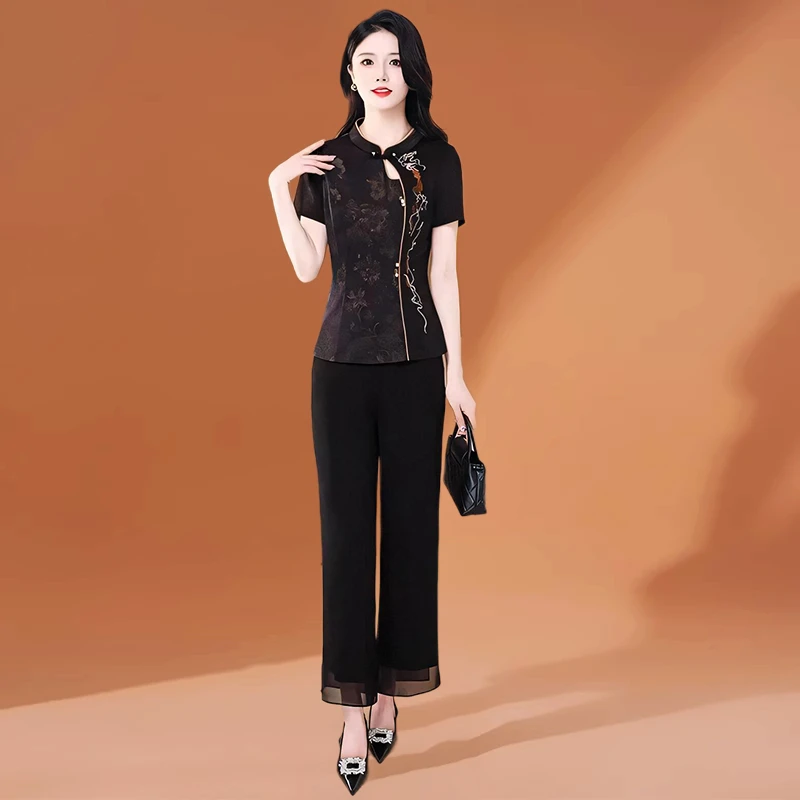 中国风套装女装夏季时尚贵夫人品牌洋气减龄妈妈阔太太上衣两件套