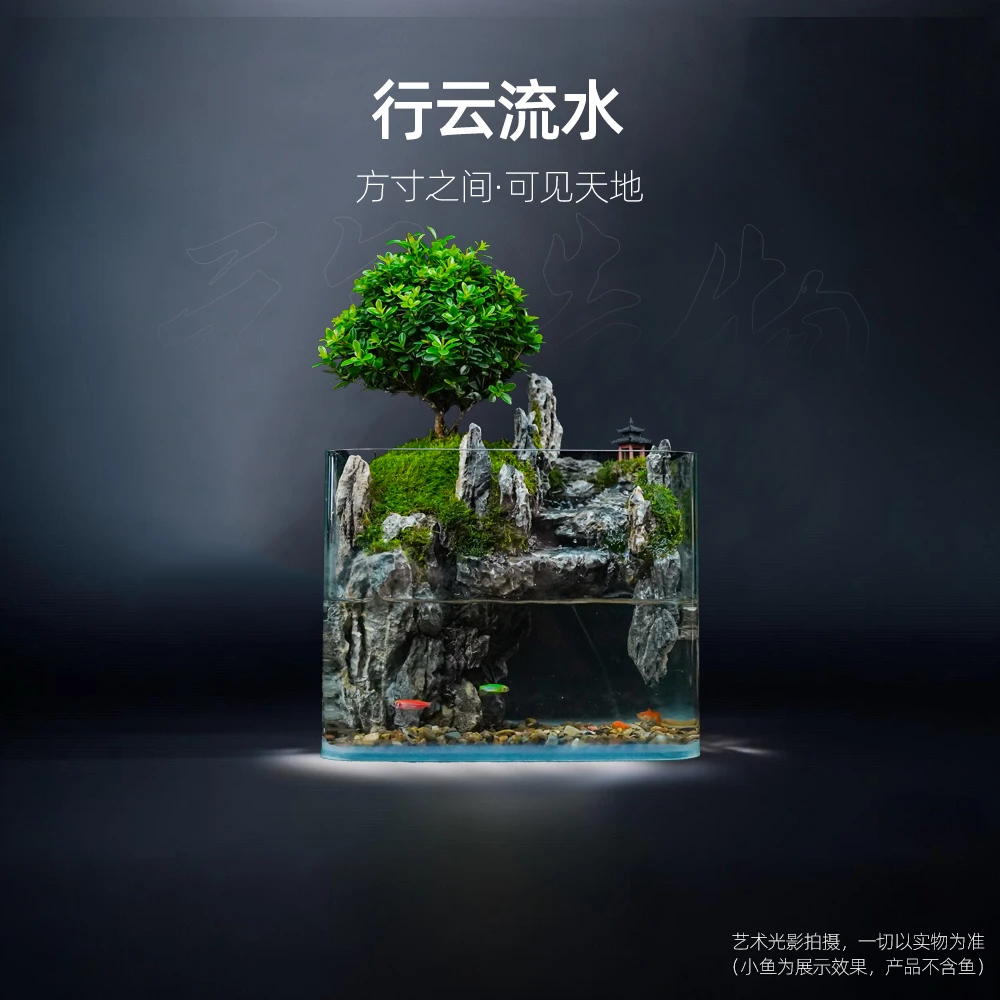【国风】行云流水—流水赤楠中式生态桌面山水缸造景【尺寸：20*14*16】