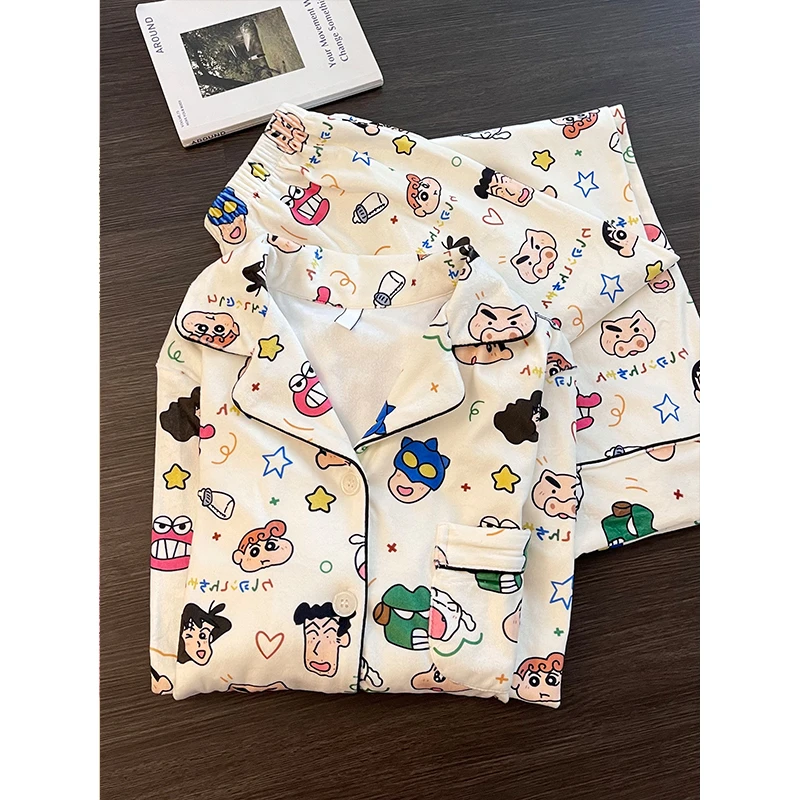 卡通蜡笔小新德绒秋冬季新款加绒加厚睡衣女舒适家居服套装可外穿