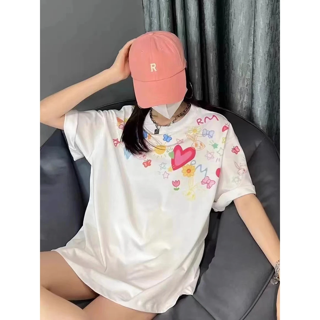 美式潮牌大版慵懒短袖T恤女2025夏季新款宽松彩色涂鸦印花中长款