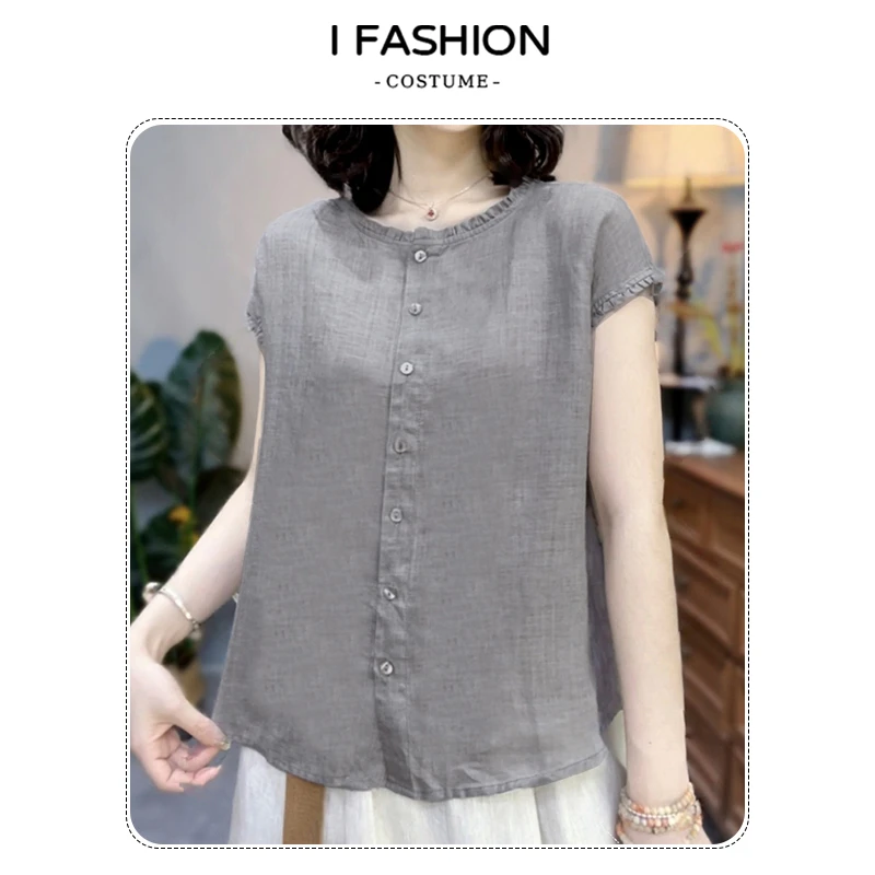 2026年夏季新款休闲木耳边圆领短袖衬衫女洋气减龄百搭显瘦上衣潮