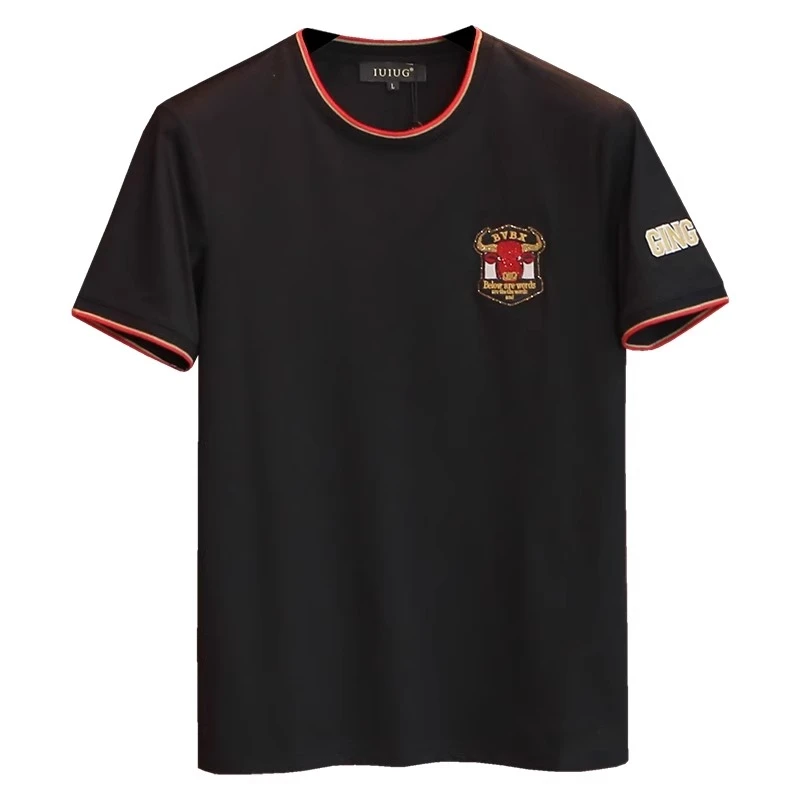 男士t恤夏季新款丝光棉潮牌个性牛头刺绣圆领半袖修身短袖男百搭