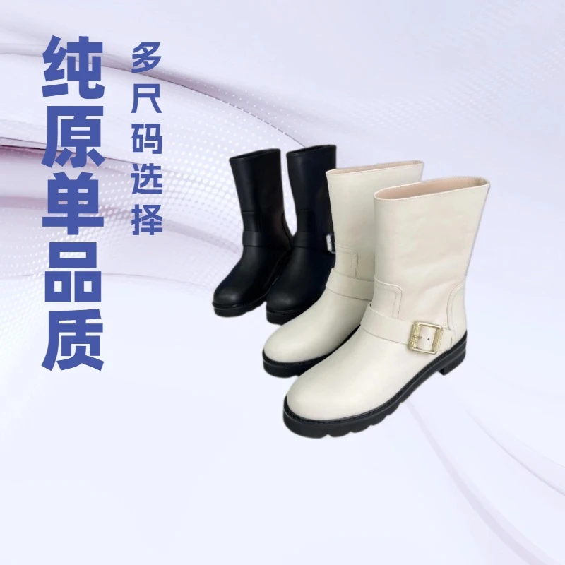sw低跟皮带扣中筒女复古圆头马丁靴高筒靴女款