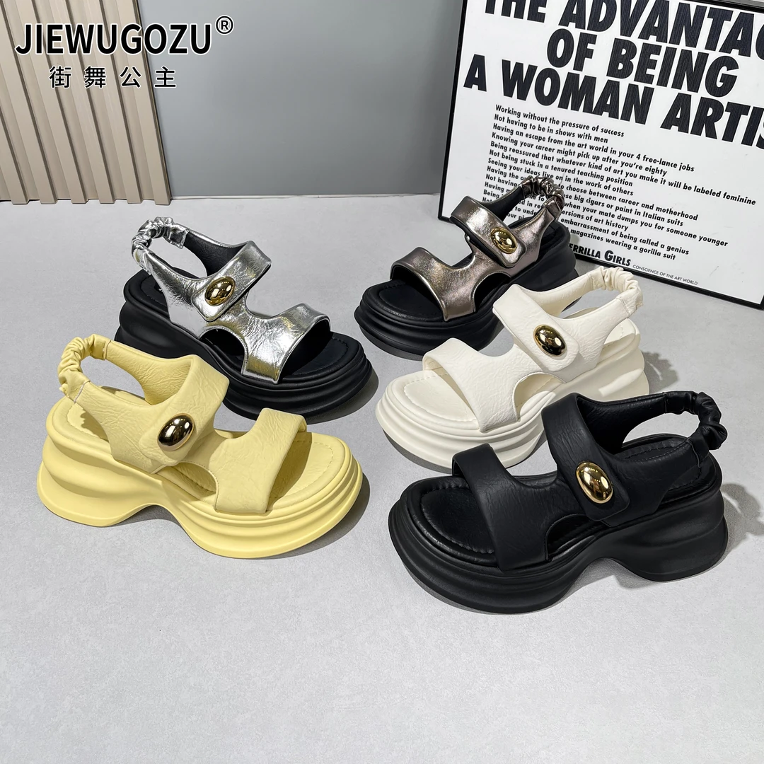 【雯雯专属】2025年夏季新款百搭厚底露趾凉鞋小金豆魔术贴沙滩鞋女