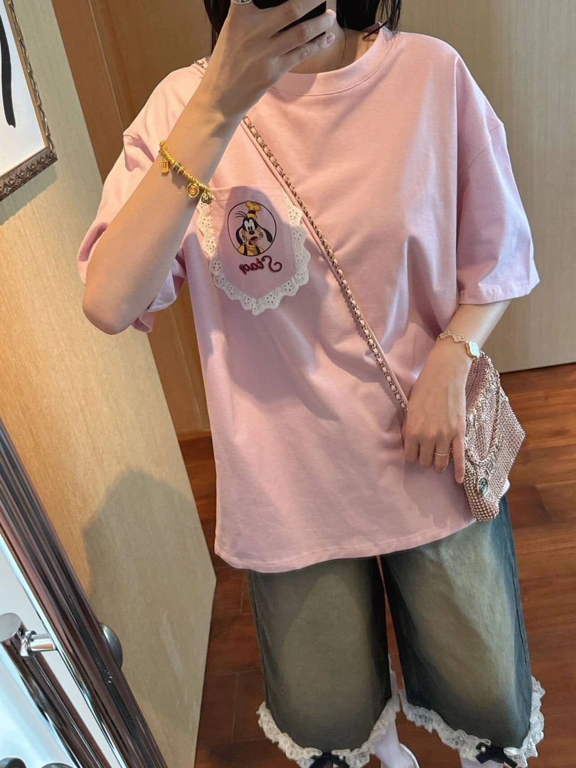 【张静芝】夏季新品 钩花边小口袋正反卡通印花减龄女生短袖T恤