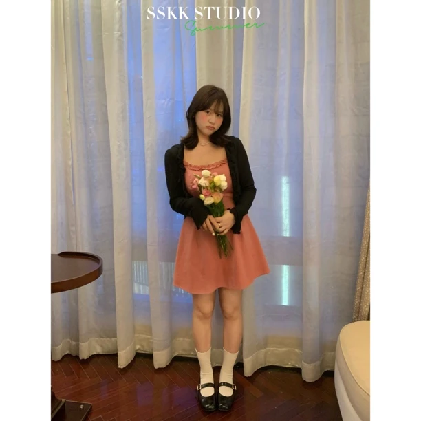 KMZY/KMZY山_山【甜心玫玫】微胖女装韩系夏季木耳边百褶吊带连衣裙