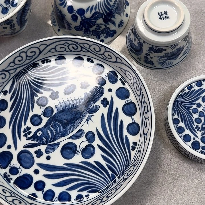 瓷片青花鱼藻5件套景德镇