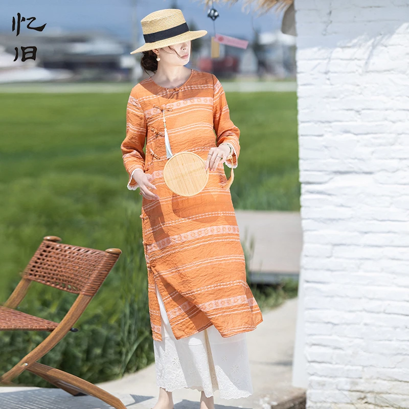 现货3004复古中式偏襟连衣裙女夏侧开叉浪漫裙设计感提花长裙