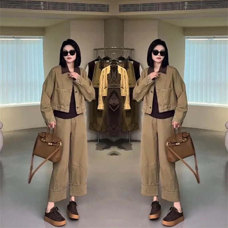 气质机车风随性时尚套装2025年秋季新款衬衫领纯色百搭外套阔腿裤