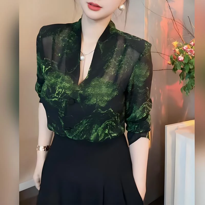 欧货V领复古刺绣长袖衬衫女2025年春秋新款修身显瘦气质款上衣潮