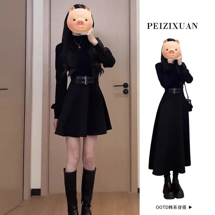 假两件赫本风黑色连衣裙女松本半高领内搭裙子女收腰小黑裙女早春