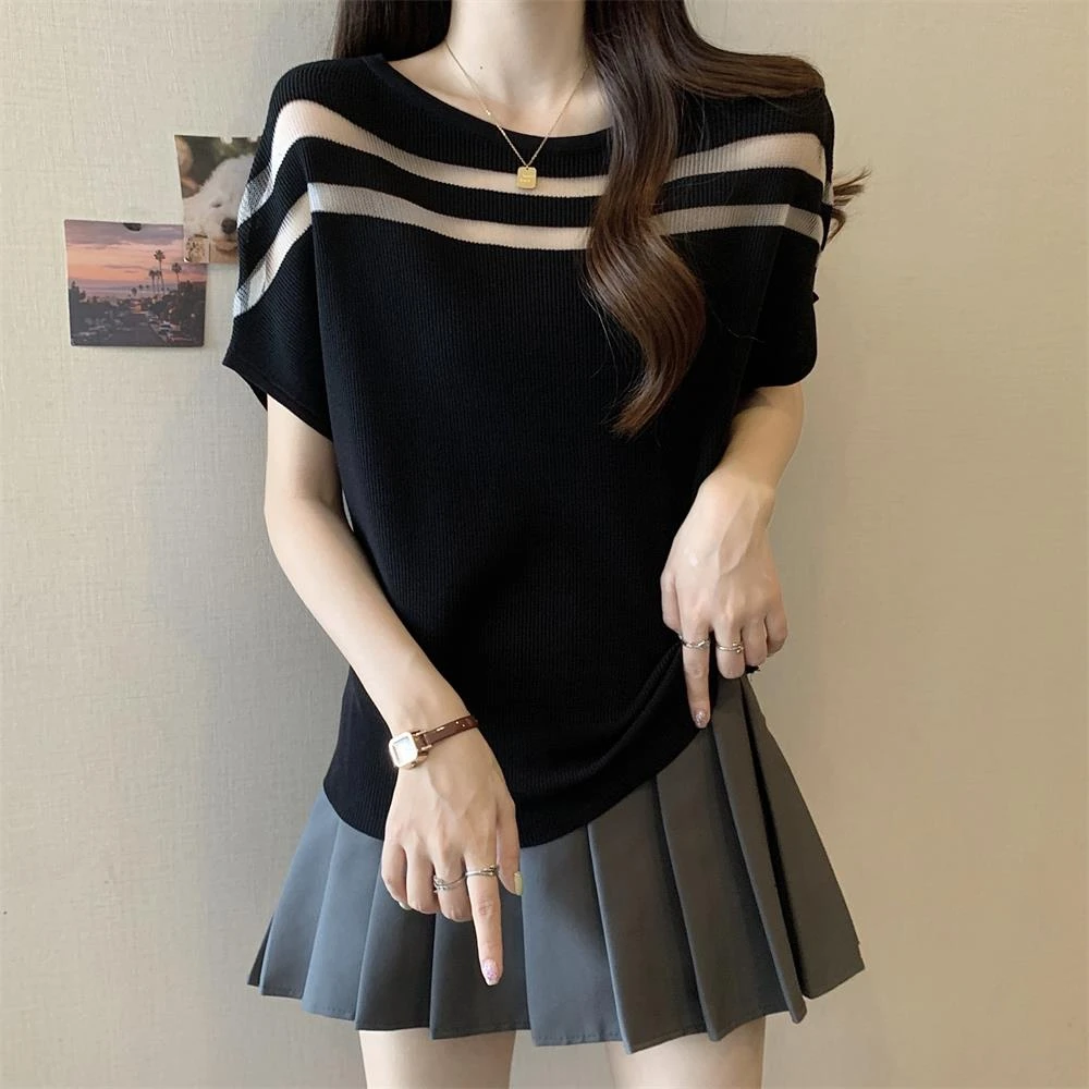 薄款短袖冰丝T恤女夏季大码打底衫胖妹妹显瘦纯欲风燕麦色针织衫