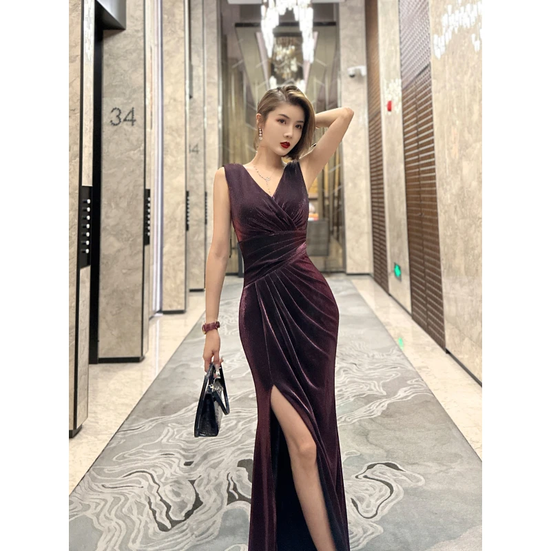 XULU原创高定纯色亮丝时尚气质修身抽褶显瘦无袖V领高开叉连衣裙