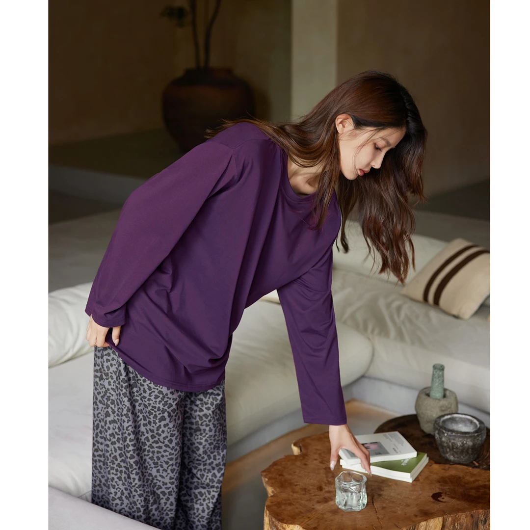 美腾长袖睡衣女春秋柔软棉新款家居服紫色宽松豹纹长裤可外穿套装