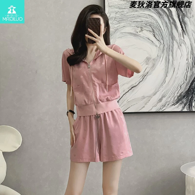 时尚减龄短裤休闲运动套装女夏2025新款提花短袖连帽小个子两件套