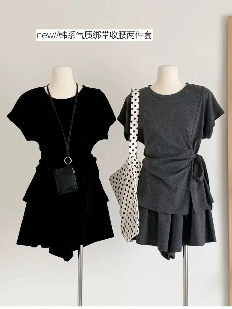 【慵懒态度】夏季气质绑带收腰上衣+裤裙两件套显瘦套装