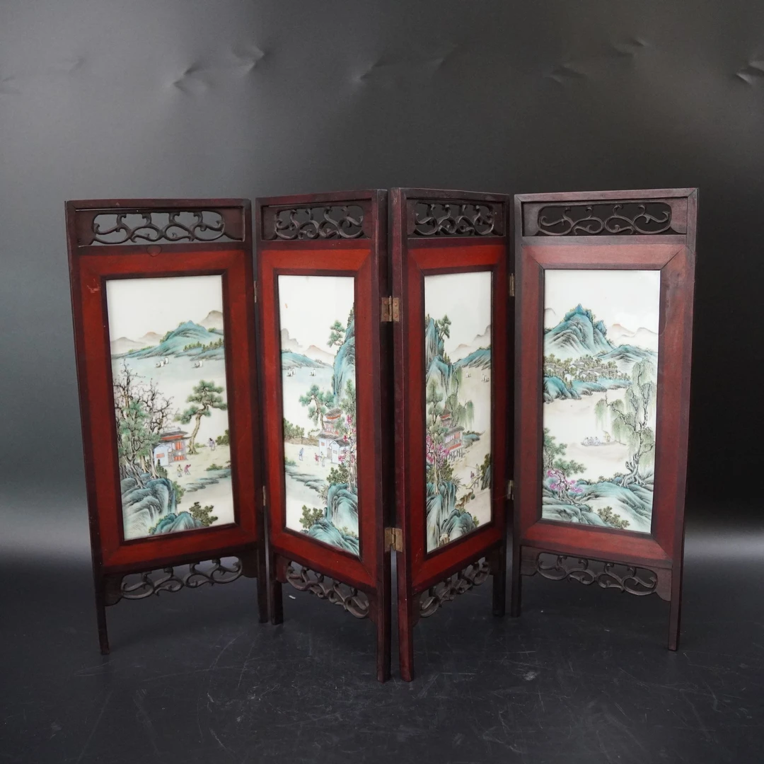 Lot.25091048民国重彩山水纹四面屏风 高：约35.8cm（带木框架）