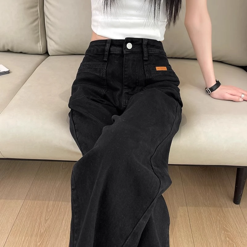 黑色阔腿牛仔裤女2025春季新款美式显瘦高腰宽松窄版直筒拖地裤子