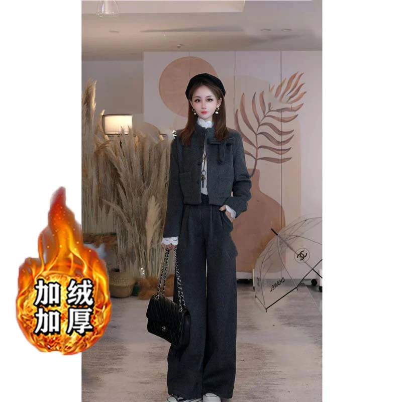 【加绒加厚】【两件套】法式蝴蝶结外套高腰阔腿裤毛呢气质秋冬QJ0135
