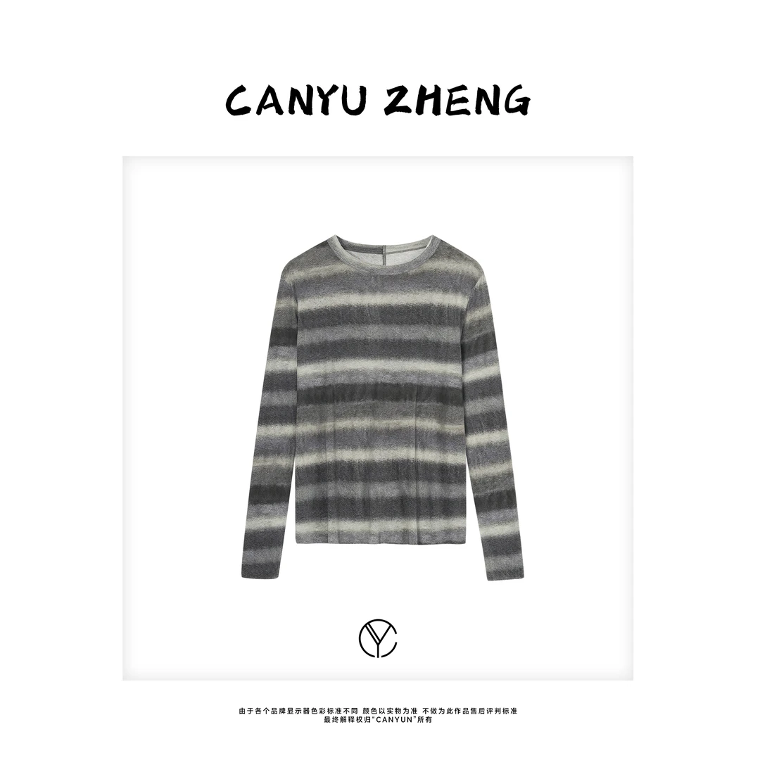 CANYU “横走四季” 精密赛络纺100%棉 晕染条纹双层领长袖T恤