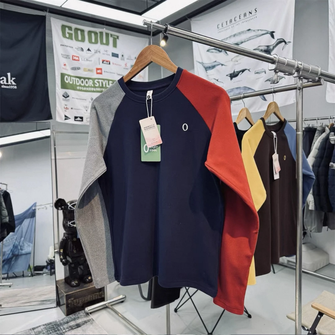 撞色拼接插肩袖长袖T恤男士 冬季保暖磨毛德绒内搭打底衫抓绒衣