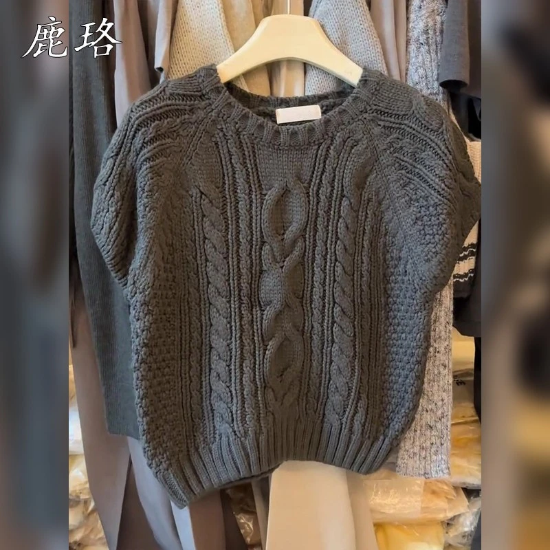 时尚高级感麻花短袖针织衫2025年季新款小众别致独特气质百搭上衣