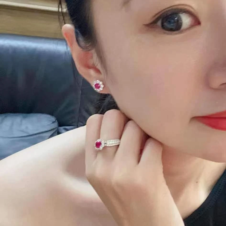 铜合金合成锆石戒指 时尚轻奢花苞款红钻彩宝满钻戒指简约甜美