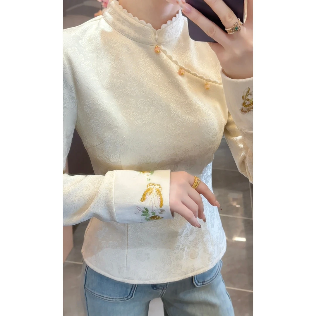 新中式国风衬衫女2025年秋冬立领长袖刺绣提花加绒加厚保暖上衣