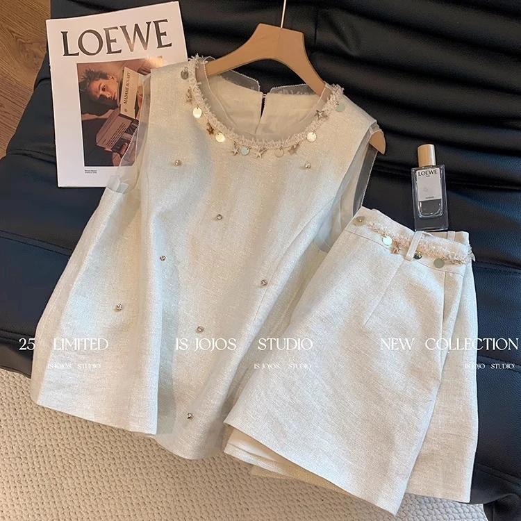 法式小香风贝壳钉珠套装女夏2025新款洋气时尚减龄百搭短裤两件套