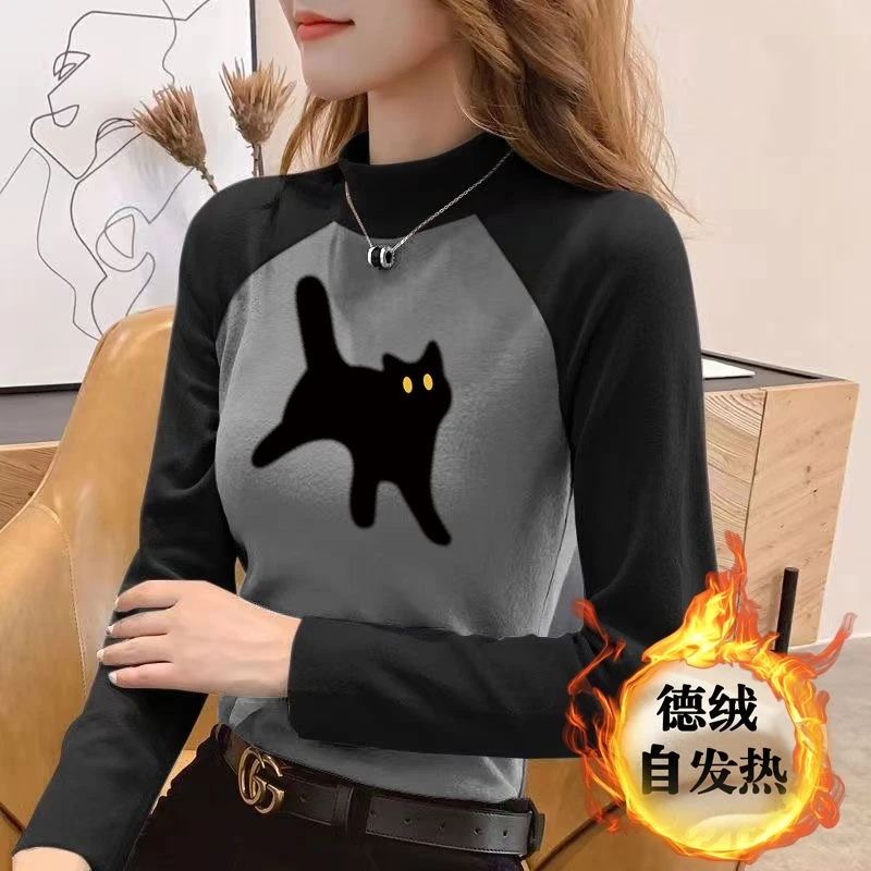 双面德绒拼色半高领欧货不撞款长袖t恤女撞色磨毛上衣春秋冬气质