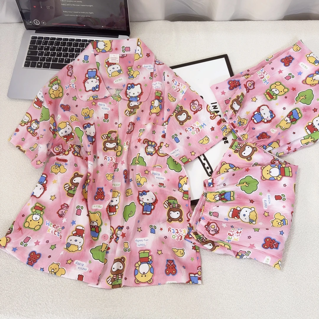 卡通多巴胺Kitty猫睡衣女夏季短袖短裤长裤三件套薄款学生家居服
