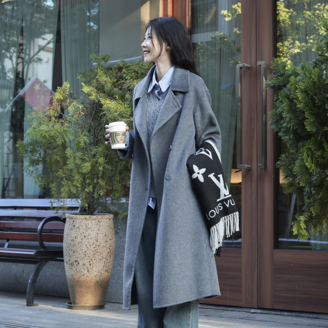 艾格宽松慵懒显瘦气质百搭长款双面羊毛大衣女秋冬小个子加厚