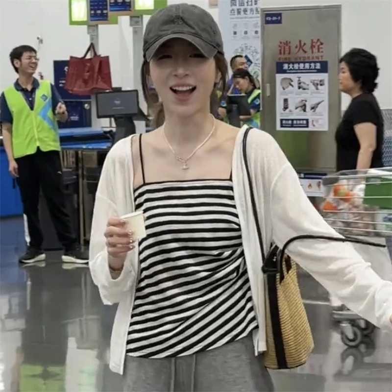 高级感穿搭防晒开衫外套条纹吊带背心上衣俩件套2025夏季新款套装