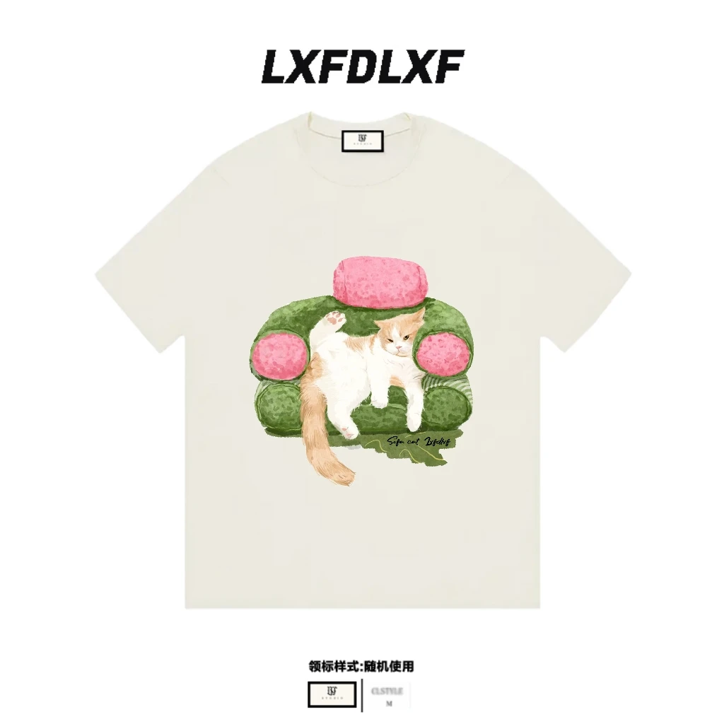 「宽松版型 卡码拍小」沙发猫咪 LXFDLXF 男女同款直喷工艺短袖t恤
