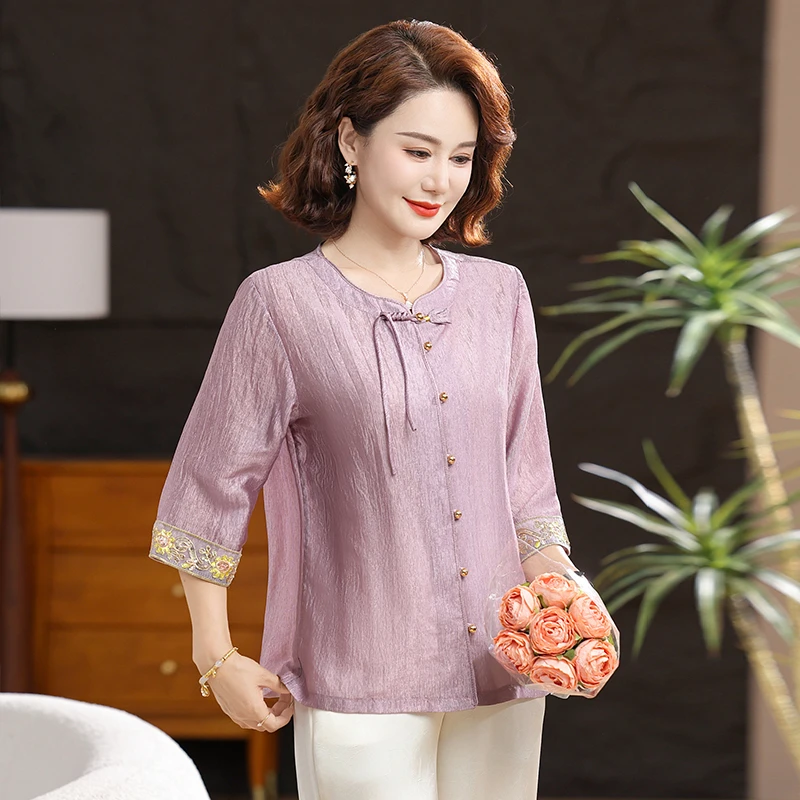 母亲节礼物妈妈装夏季衬衣套装洋气中老年女装宽松上衣裤子两件套