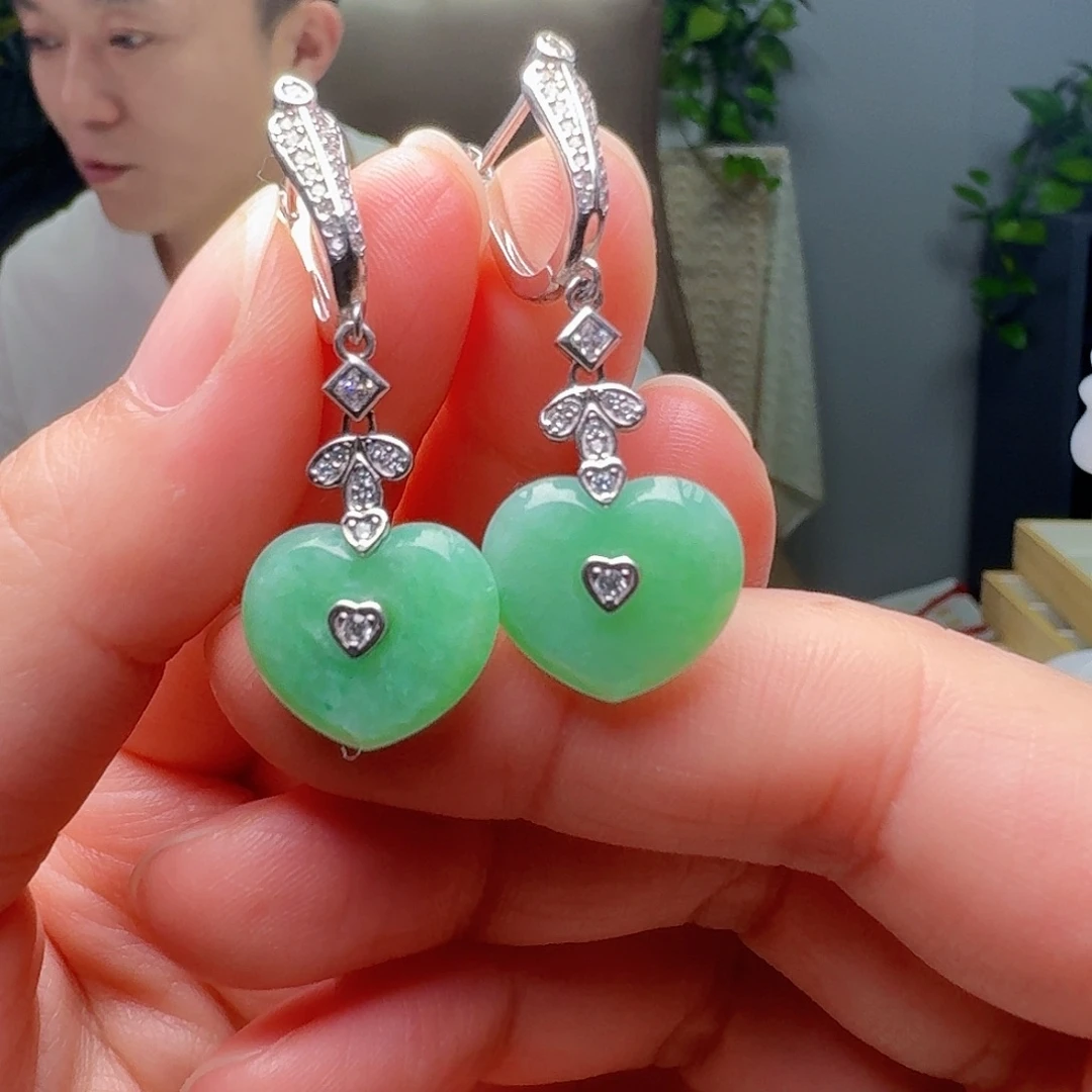 翡翠银S925镶嵌耳饰天然