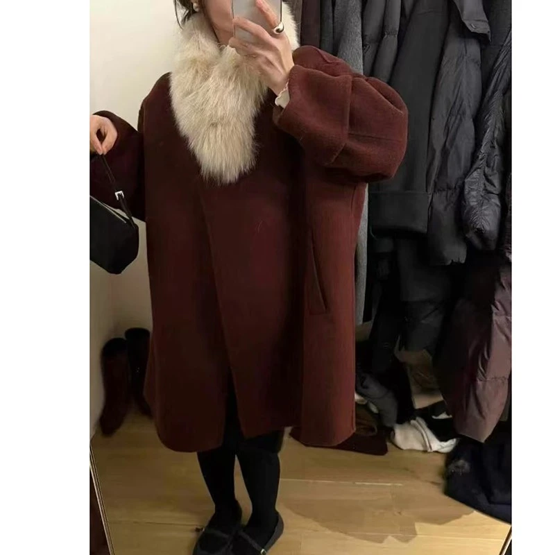 2025冬季新款双面羊毛大衣女可拆卸狐狸毛领围脖中长款羊毛呢外套