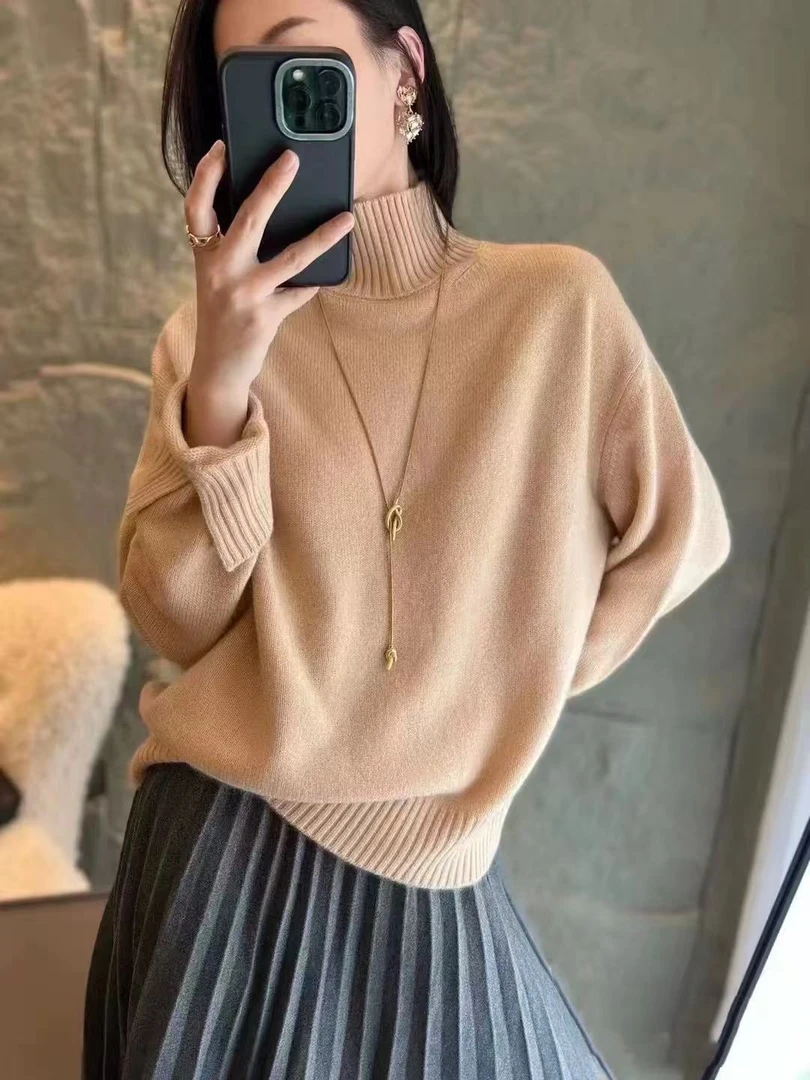 甄选羊毛半高领打底衫时尚百搭宽松针织衫秋冬厚款纯色高领毛衣女