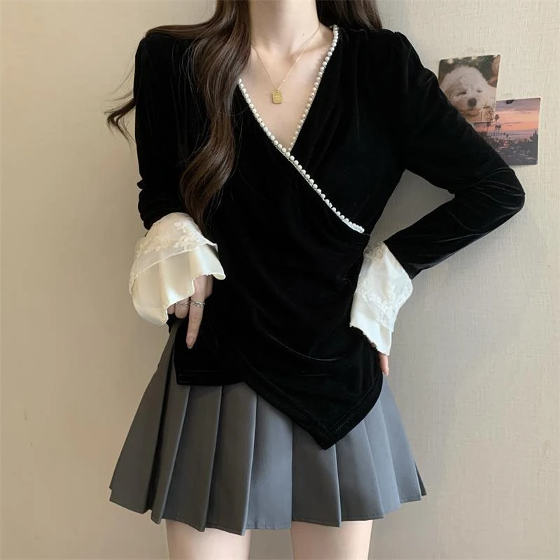 大码设计感小众V领钉珠蕾丝拼接丝绒衬衫女胖MM收腰显瘦长袖上衣
